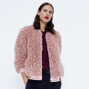 ZARA BASIC Shaggy Pink Teddy Bomber Jacket